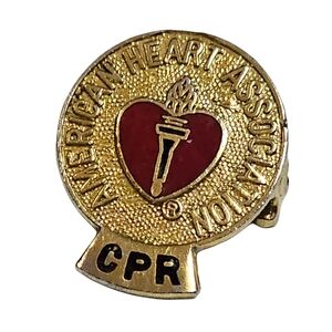 Vtg American Heart Association AHA CPR Enamel Gold Tone Heart Torch Lapel Pin